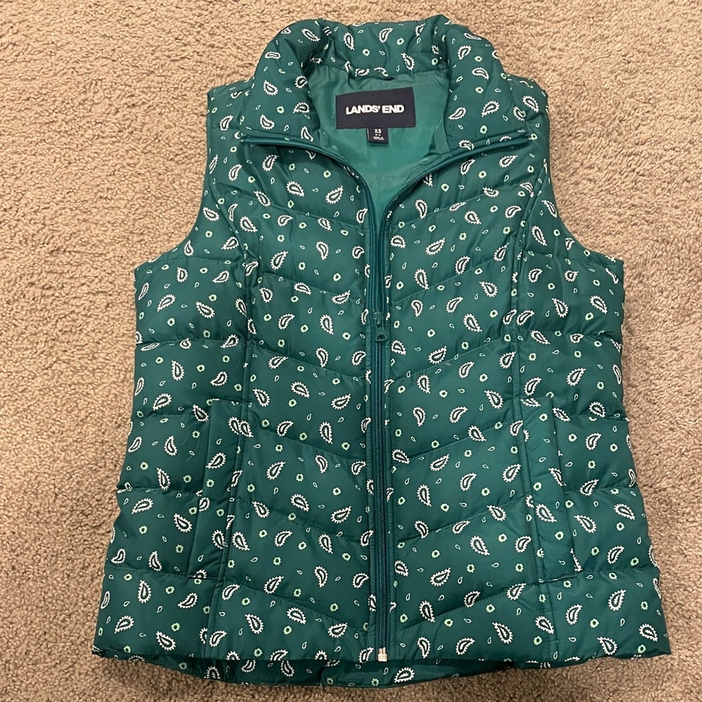 Lands' End Emerald Green Paisley Quilted Puffer Vest